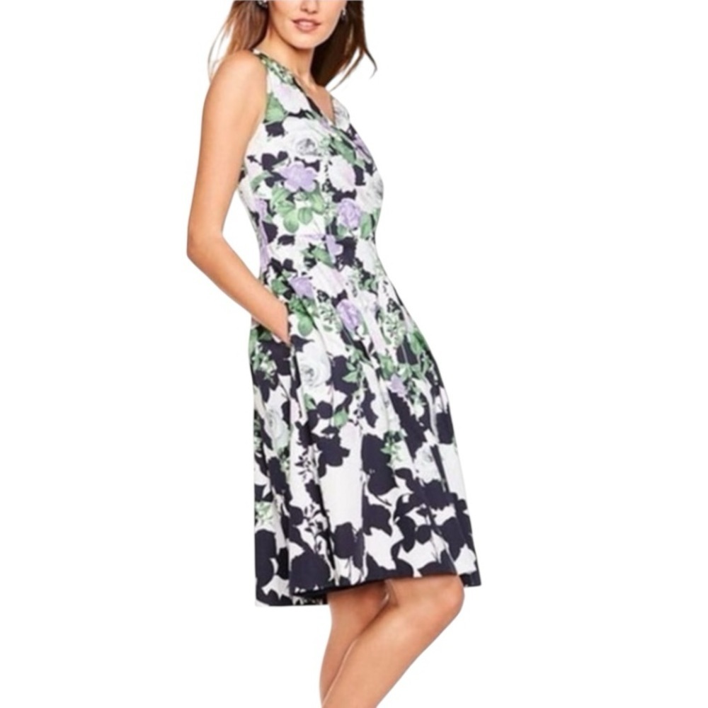 Talbots Oprah Magazine Sleeveless Floral Dress Size 12 V Neck Full Skirt Pockets